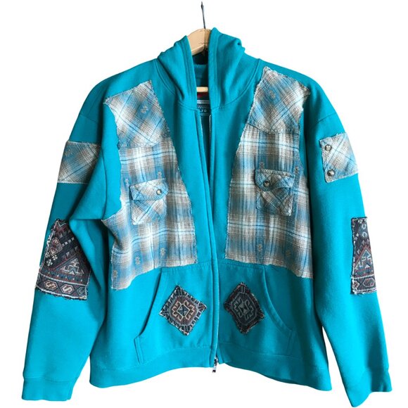Upcycled Patchwork Jacket, Size L: Teal Tribal Zip-Up Hoodie, Southwest Aztec - Picture 2 of 16